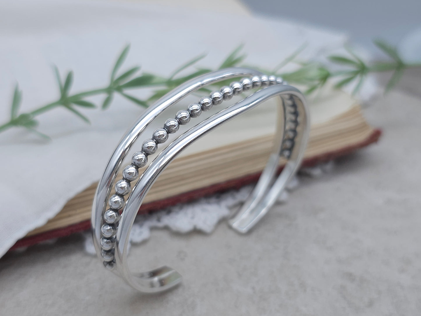 Sterling Silver Triple Band Beaded Cuff