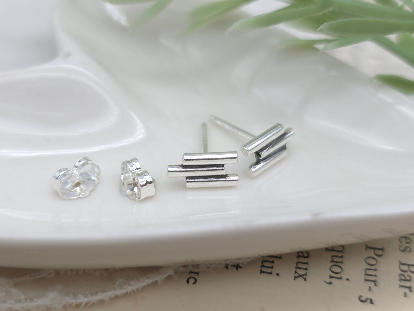 Sterling Silver Triple Bar Stud Earrings