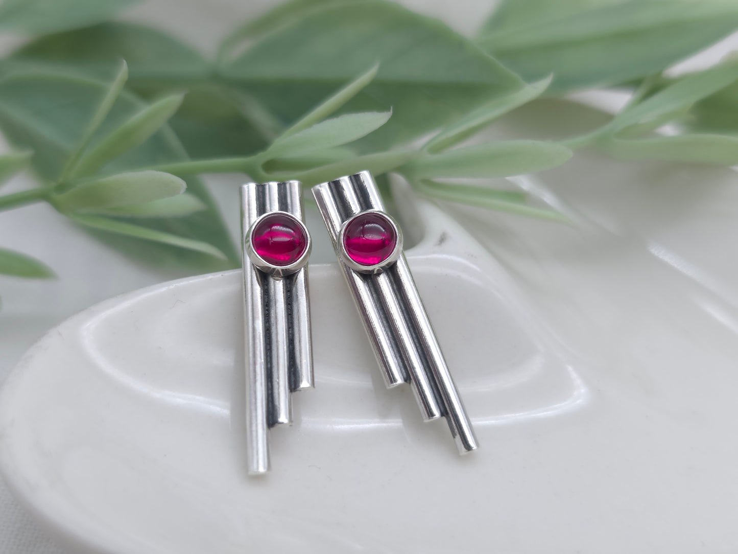 Sterling Silver Triple Bar Ruby Stud Earrings