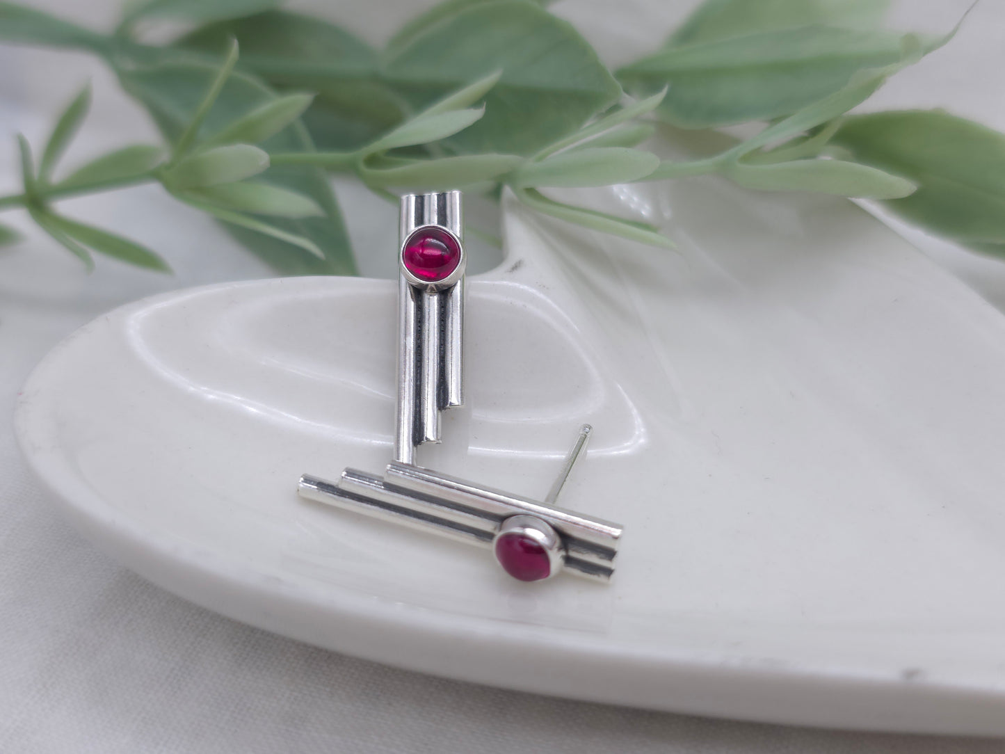 Sterling Silver Triple Bar Ruby Stud Earrings