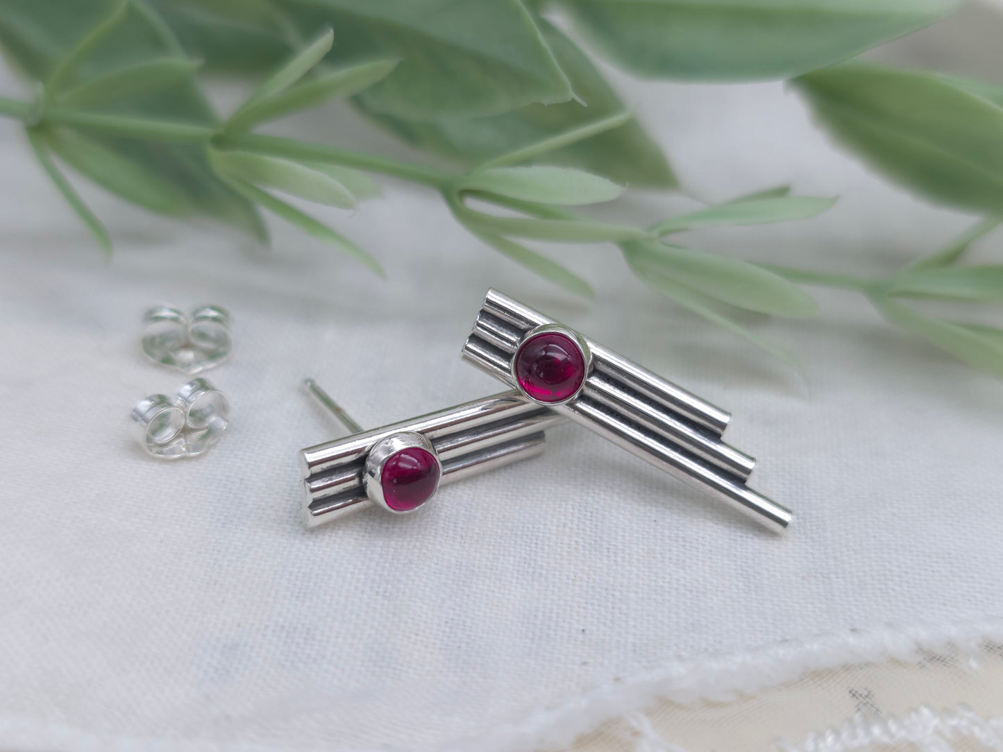 Sterling Silver Triple Bar Ruby Stud Earrings
