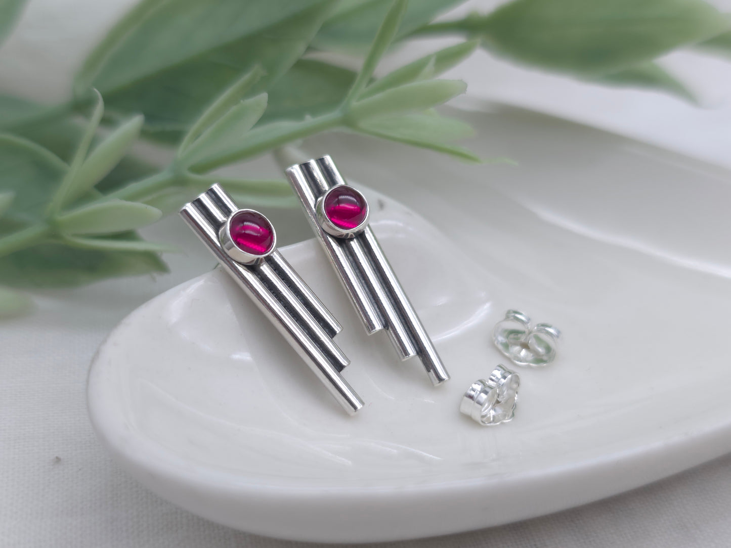 Sterling Silver Triple Bar Ruby Stud Earrings