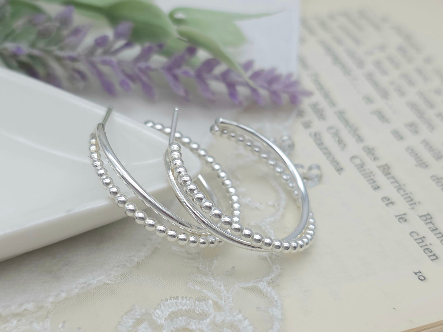 Sterling Silver Beaded Crossover Hoops