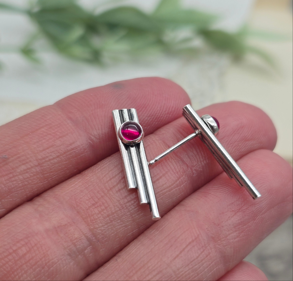 Sterling Silver Triple Bar Ruby Stud Earrings