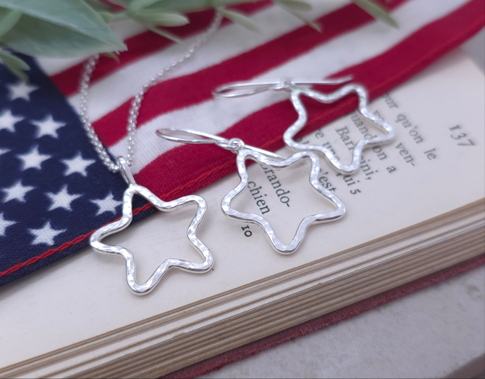 Sterling Silver Hammered Star Necklace & Earring Set