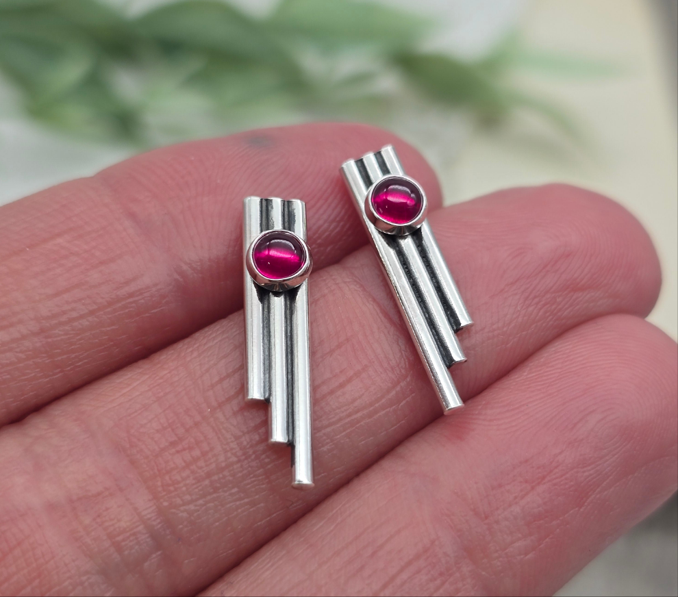 Sterling Silver Triple Bar Ruby Stud Earrings