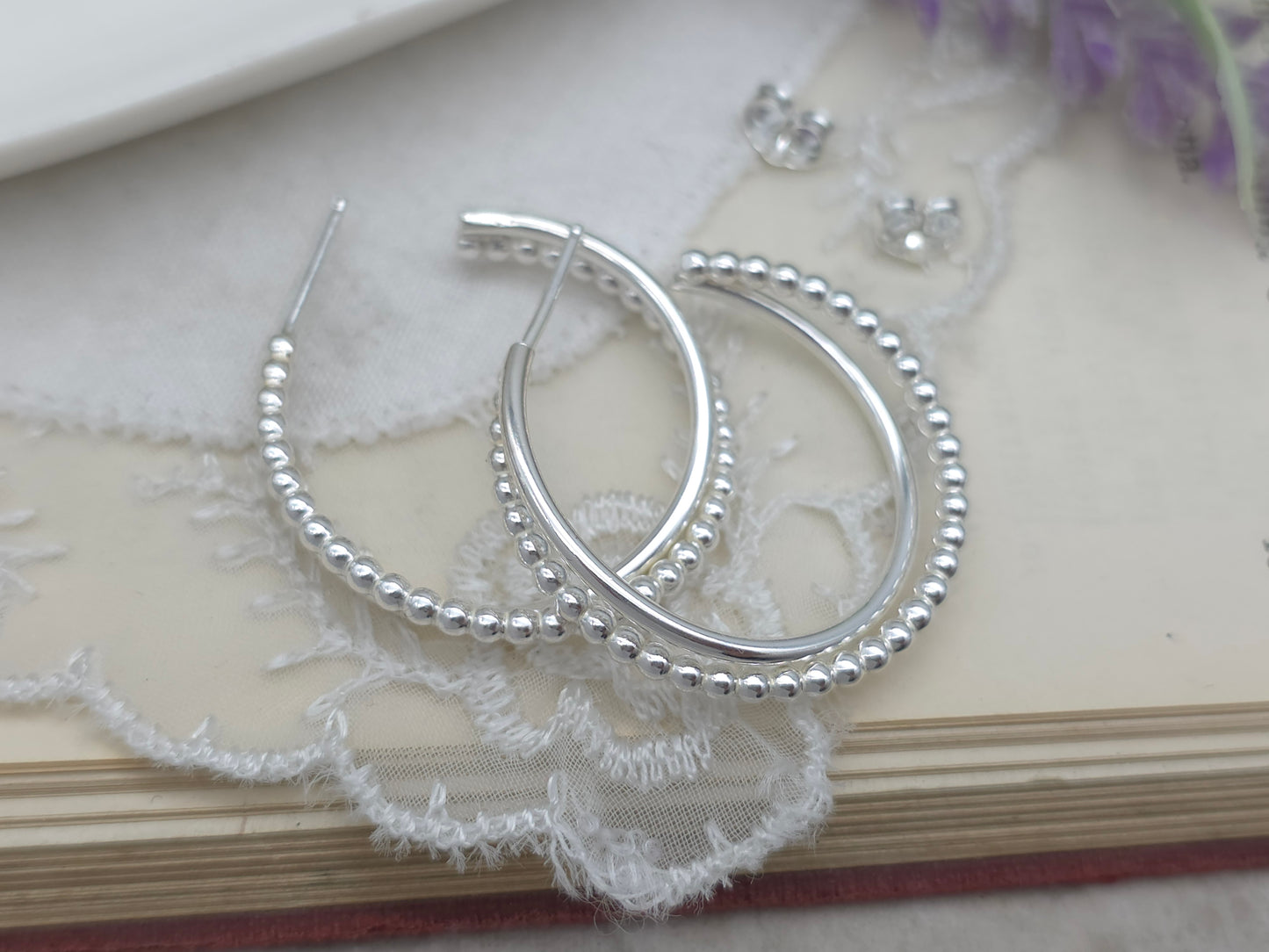 Sterling Silver Beaded Crossover Hoops