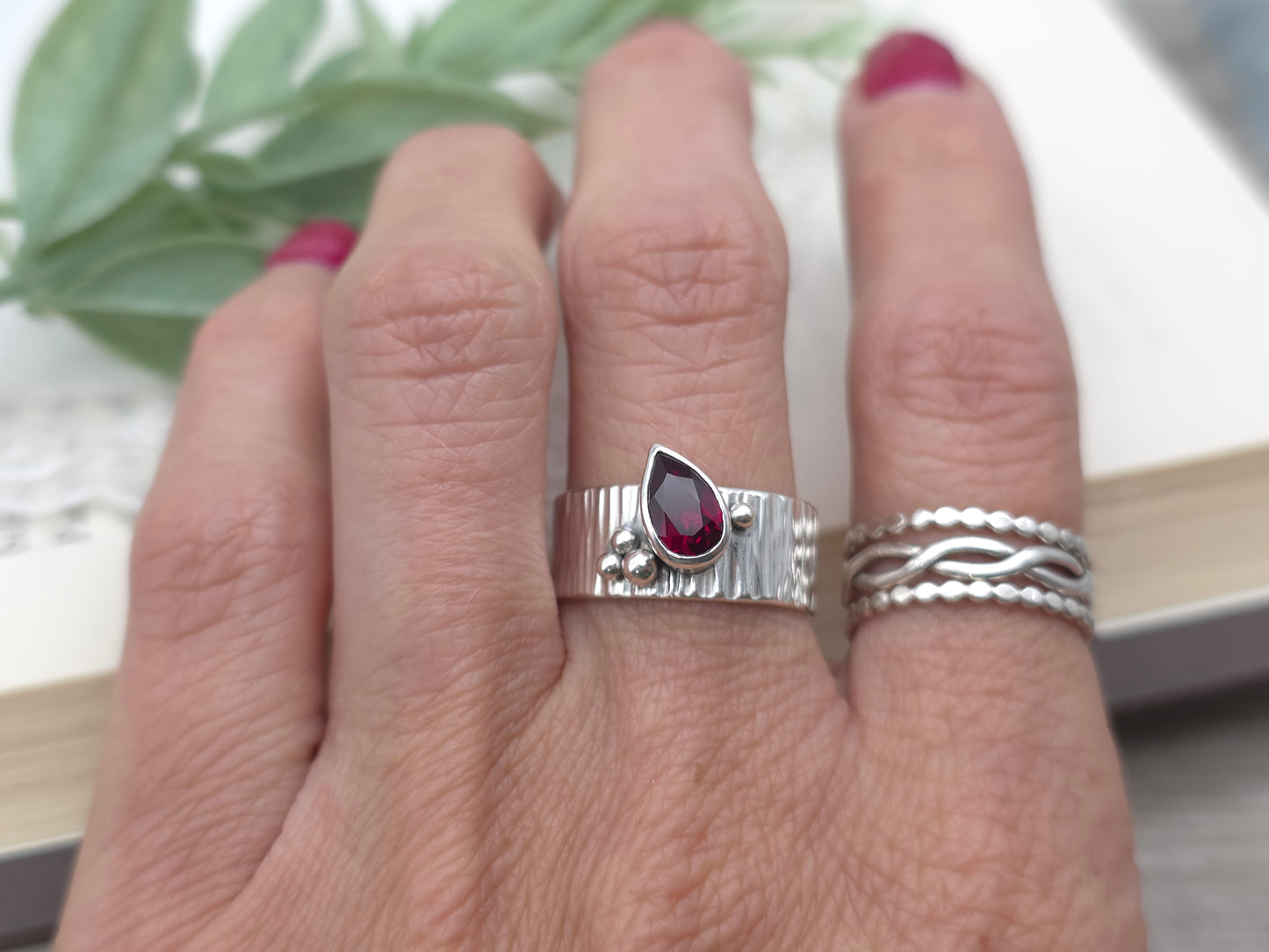 Sterling Silver Pear Ruby Ring