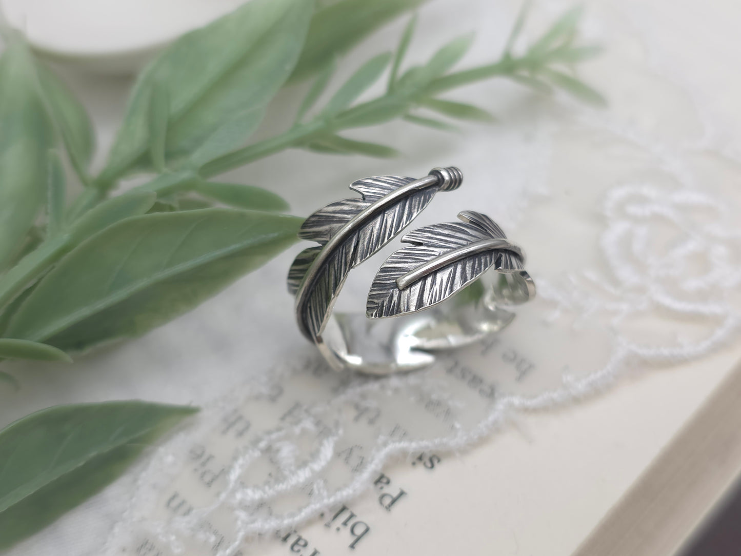 Sterling Feather Ring / Adjustable / Bypass Ring /