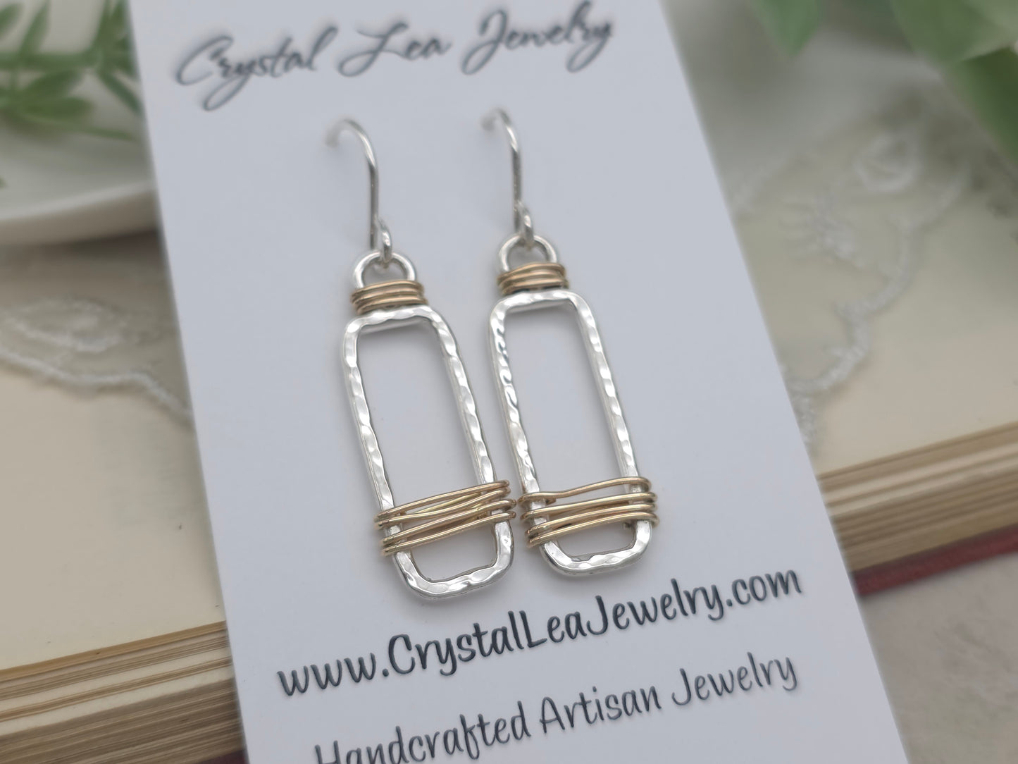 Sterling Silver & Gold Wrapped Rectangle Earrings