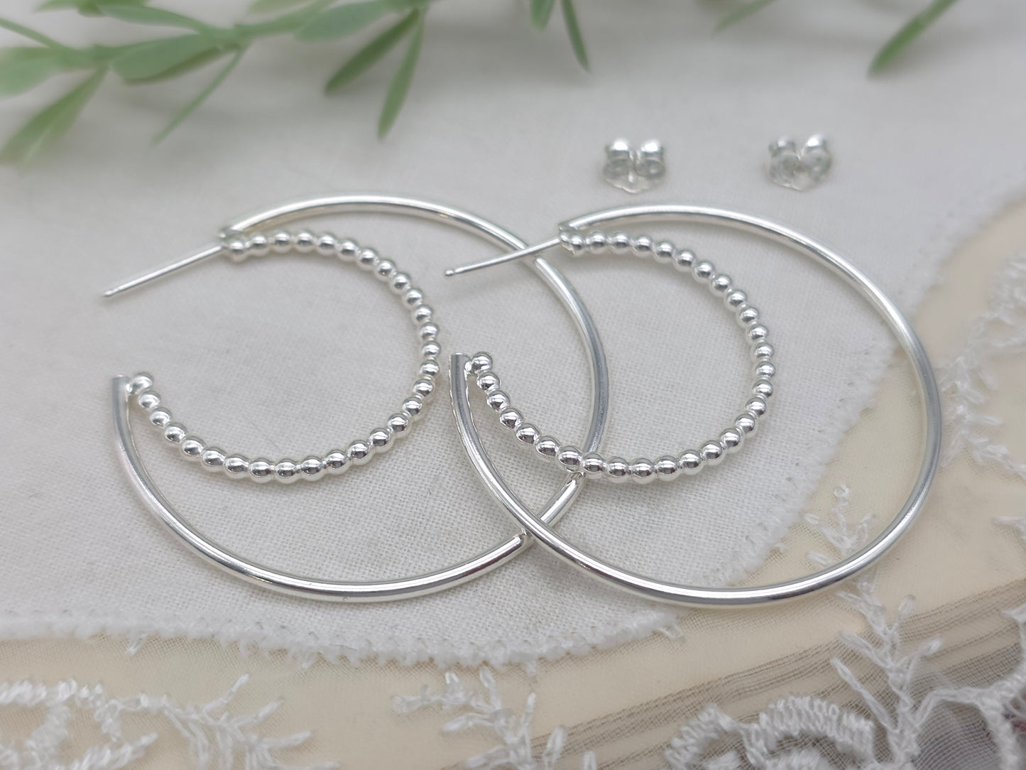 Sterling Silver Beaded Crescent Double Hoop