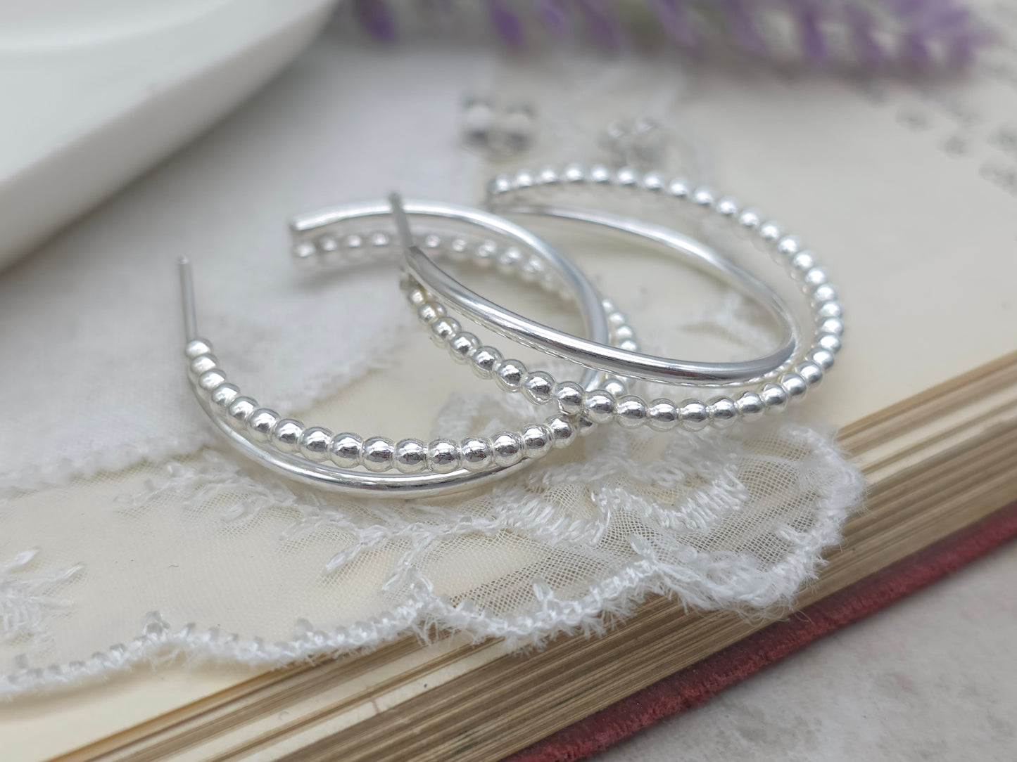Sterling Silver Beaded Crossover Hoops