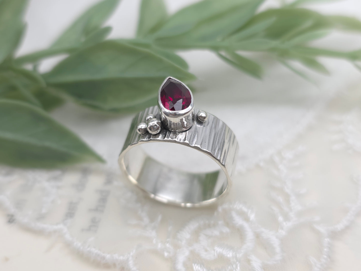 Sterling Silver Pear Ruby Ring
