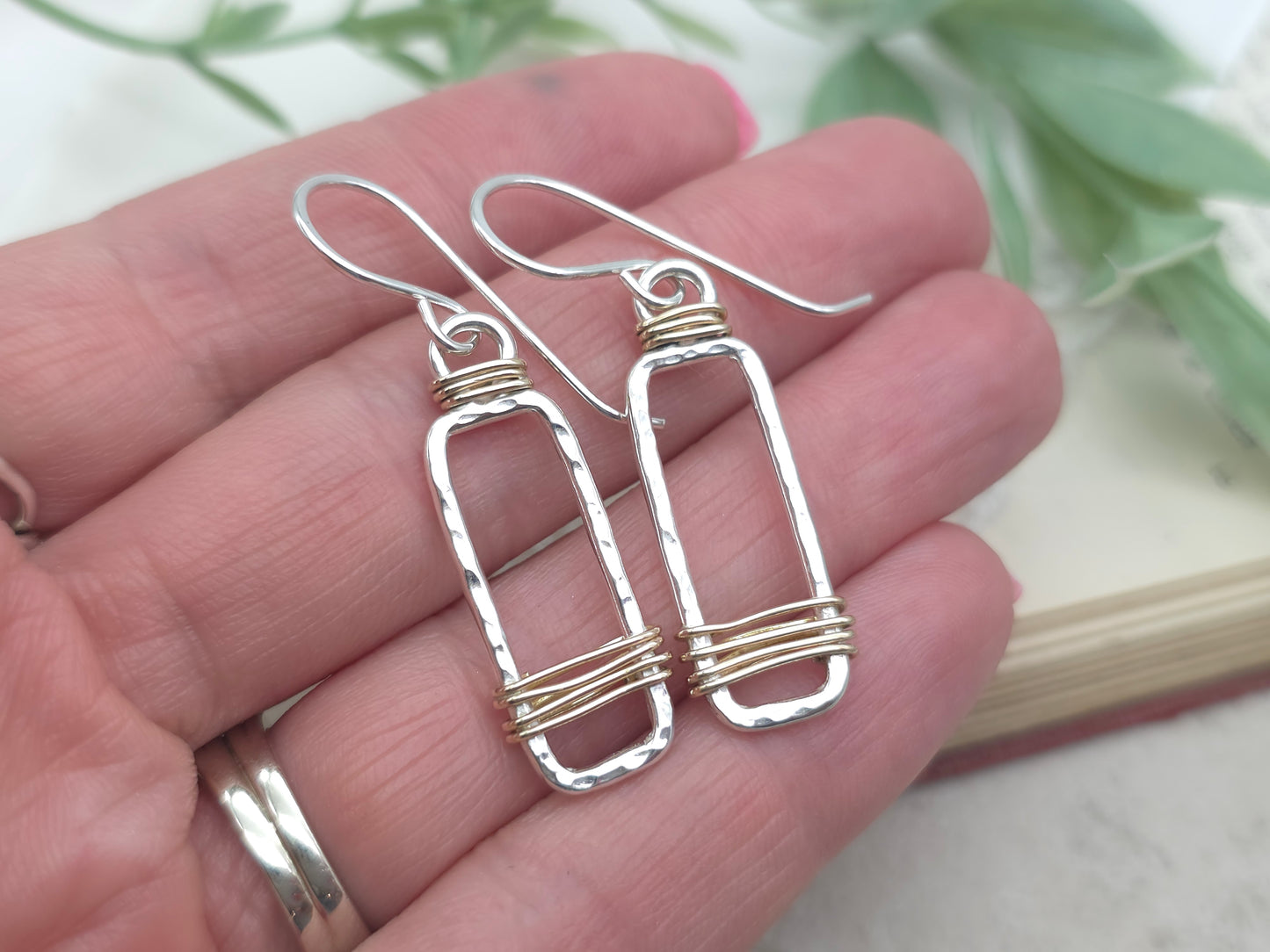 Sterling Silver & Gold Wrapped Rectangle Earrings