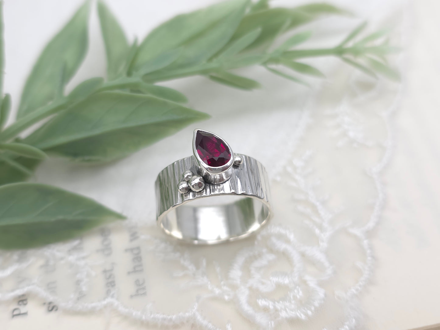 Sterling Silver Pear Ruby Ring