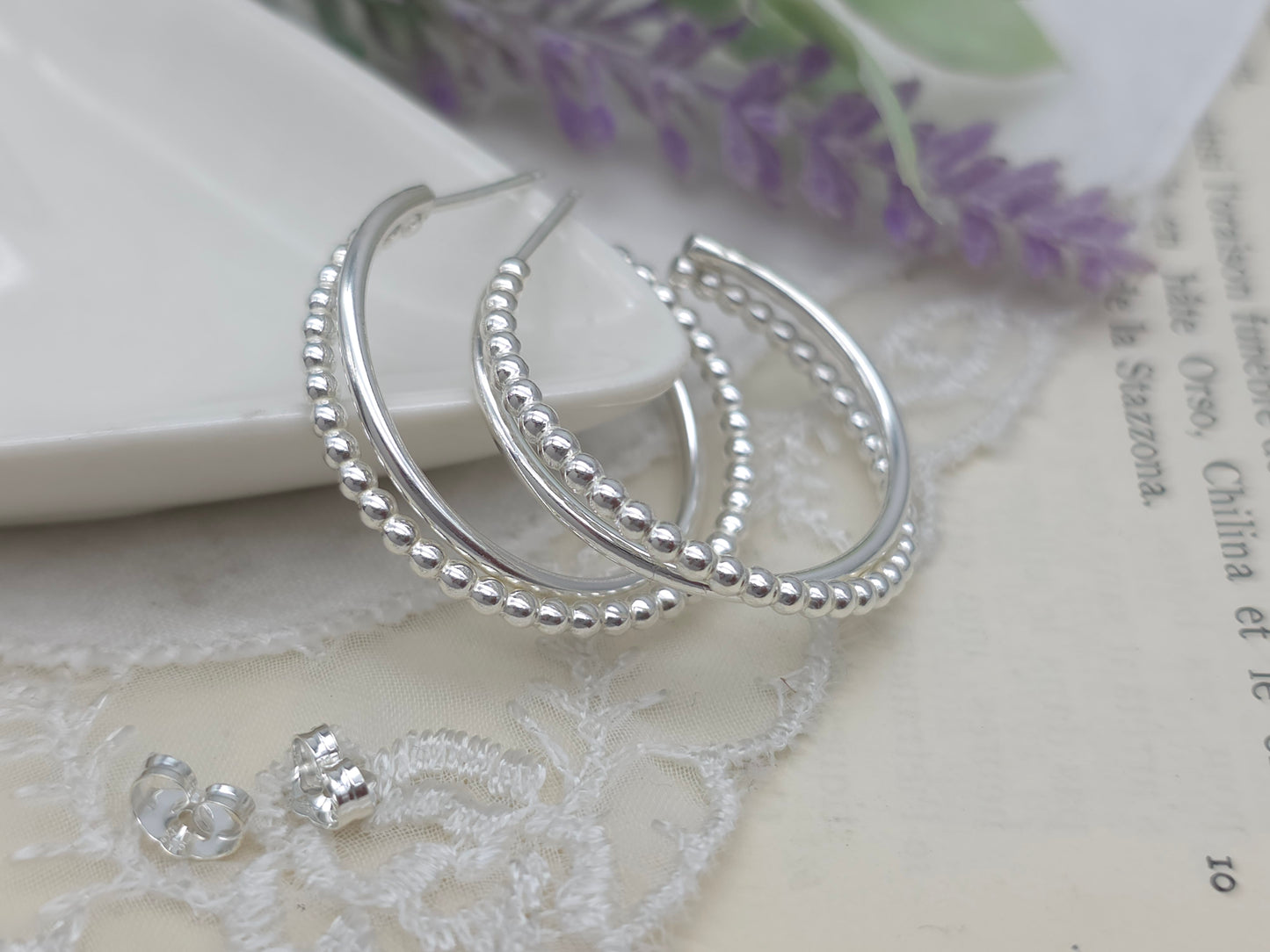 Sterling Silver Beaded Crossover Hoops