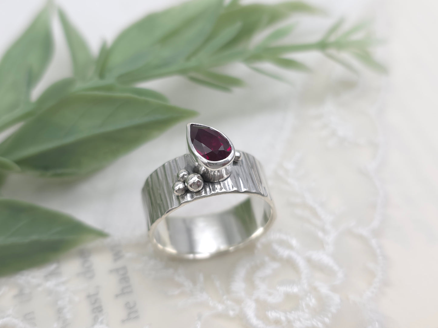 Sterling Silver Pear Ruby Ring
