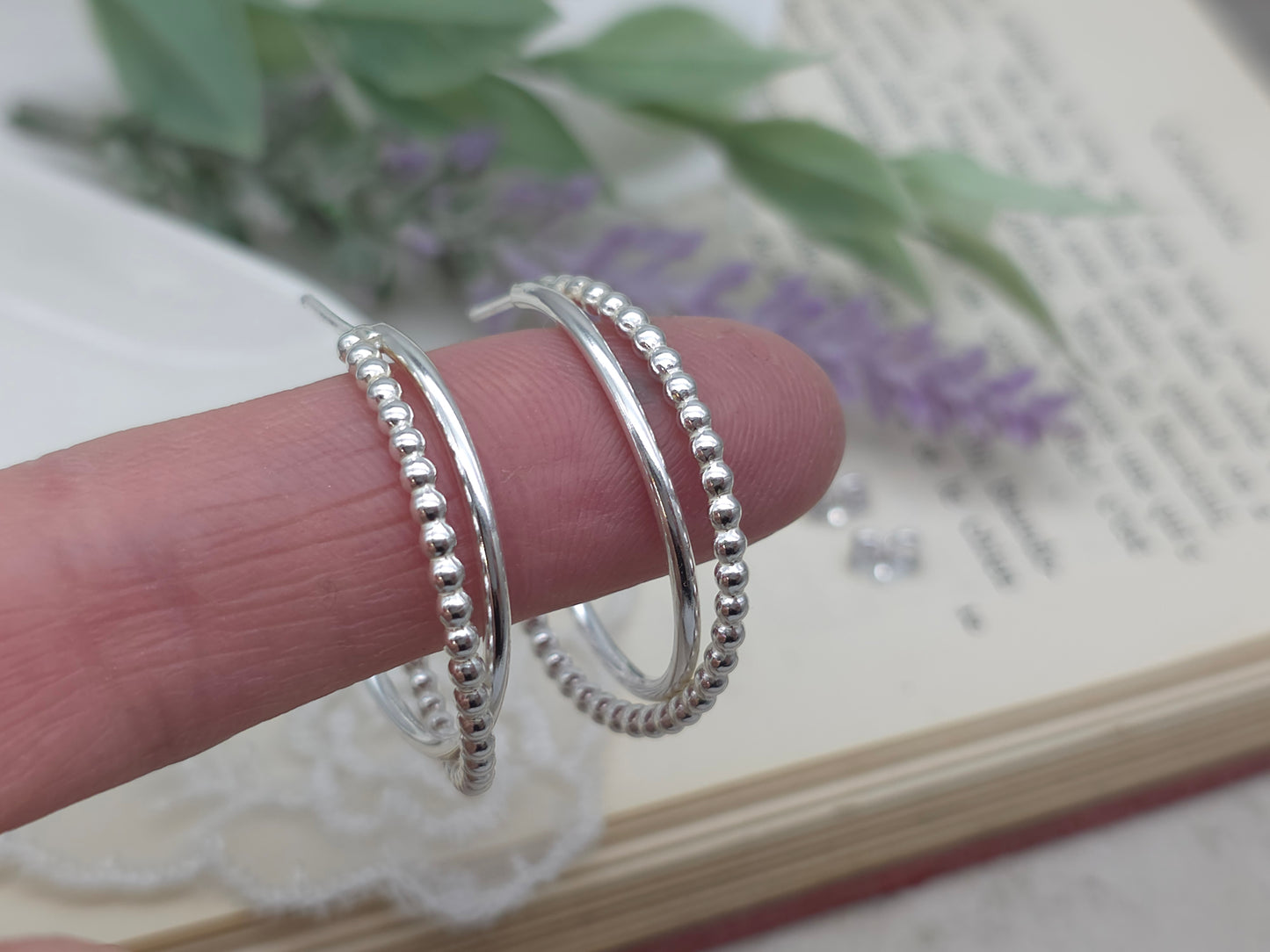 Sterling Silver Beaded Crossover Hoops