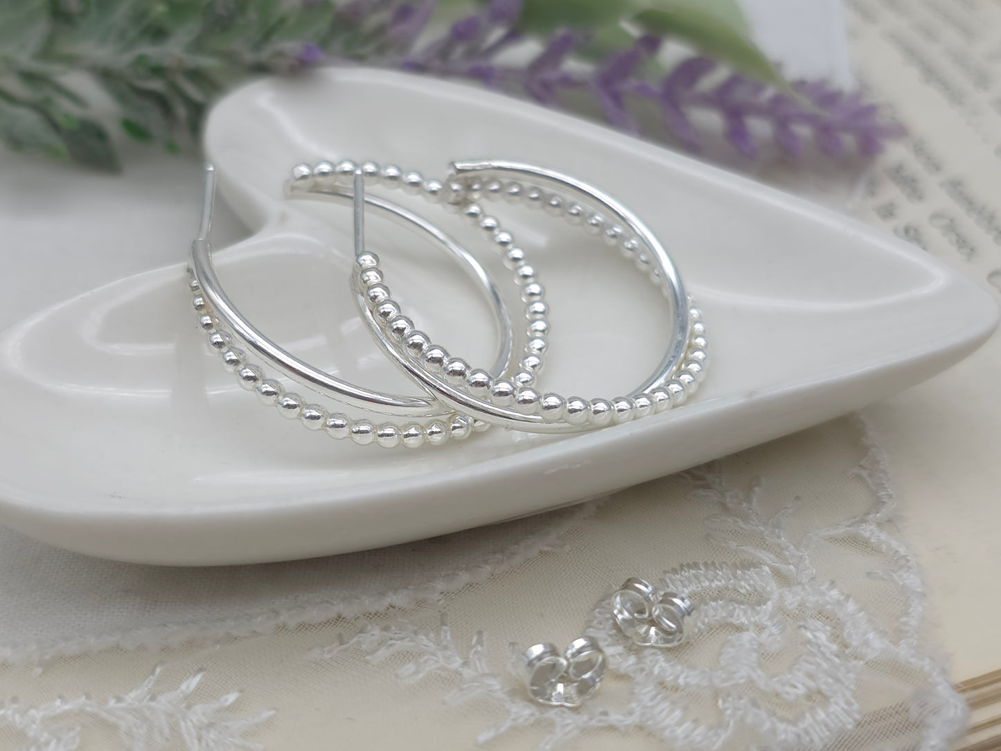 Sterling Silver Beaded Crossover Hoops