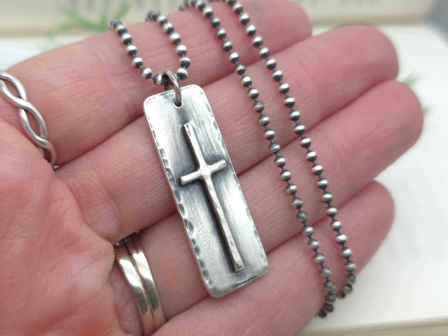 MENS Sterling Silver Cross Necklace / Rugged Cross / Faith / Dog Tag