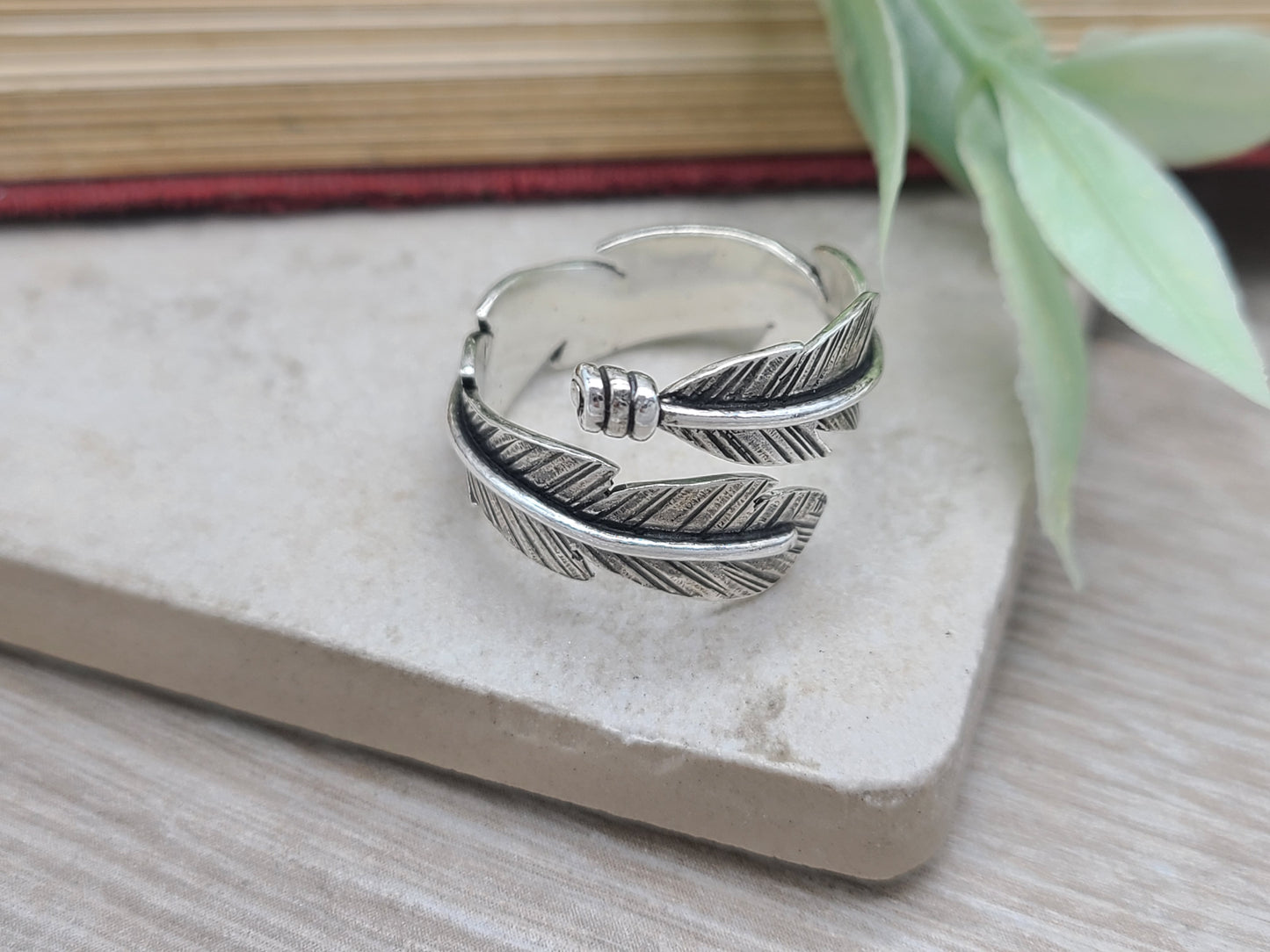 Sterling Feather Ring / Adjustable / Bypass Ring /