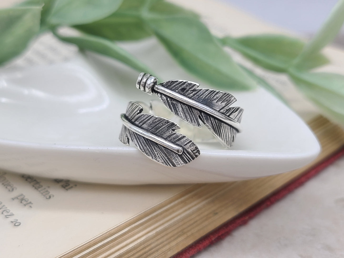 Sterling Feather Ring / Adjustable / Bypass Ring /