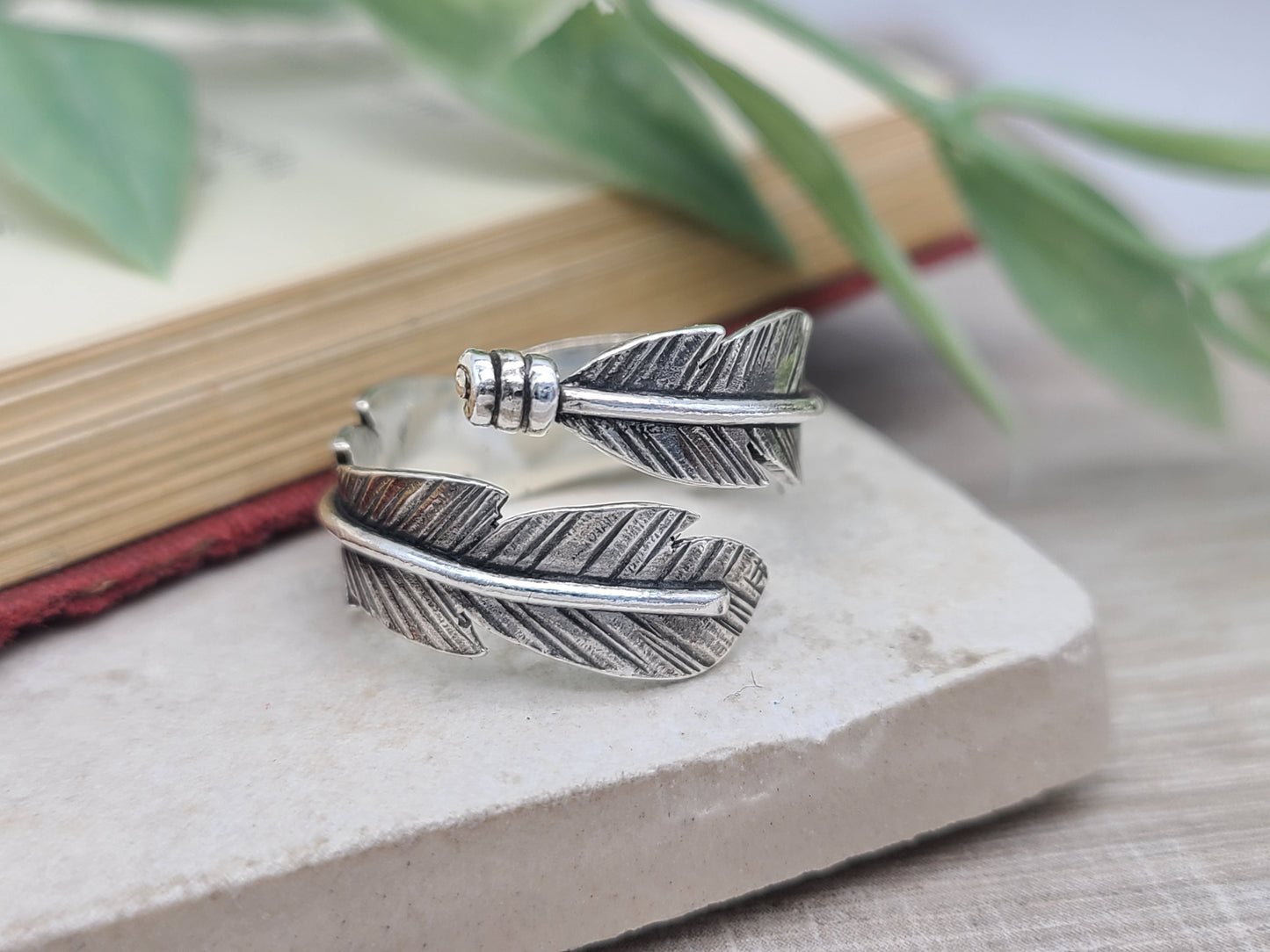 Sterling Feather Ring / Adjustable / Bypass Ring /
