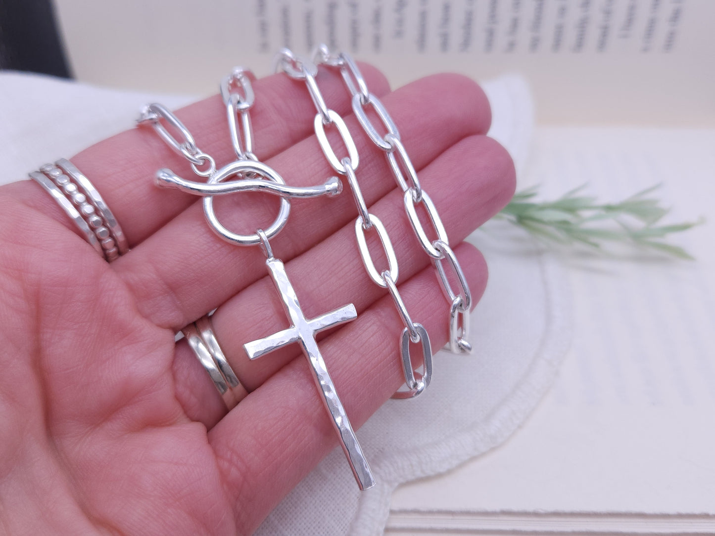 Sterling Silver Large Cross Front Clasp Necklace