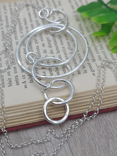 Long Sterling Silver Circle Ring Necklace / Multi Circle Pendant Necklace / Layering Necklace
