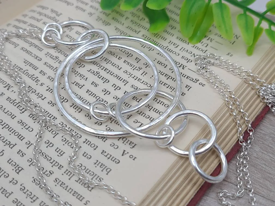 Long Sterling Silver Circle Ring Necklace / Multi Circle Pendant Necklace / Layering Necklace