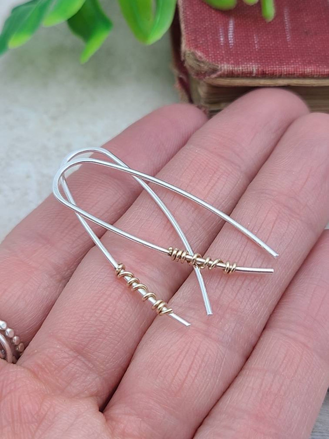 Sterling Silver Gold Wrapped Threader Earrings / Threaders / Thin Earrings