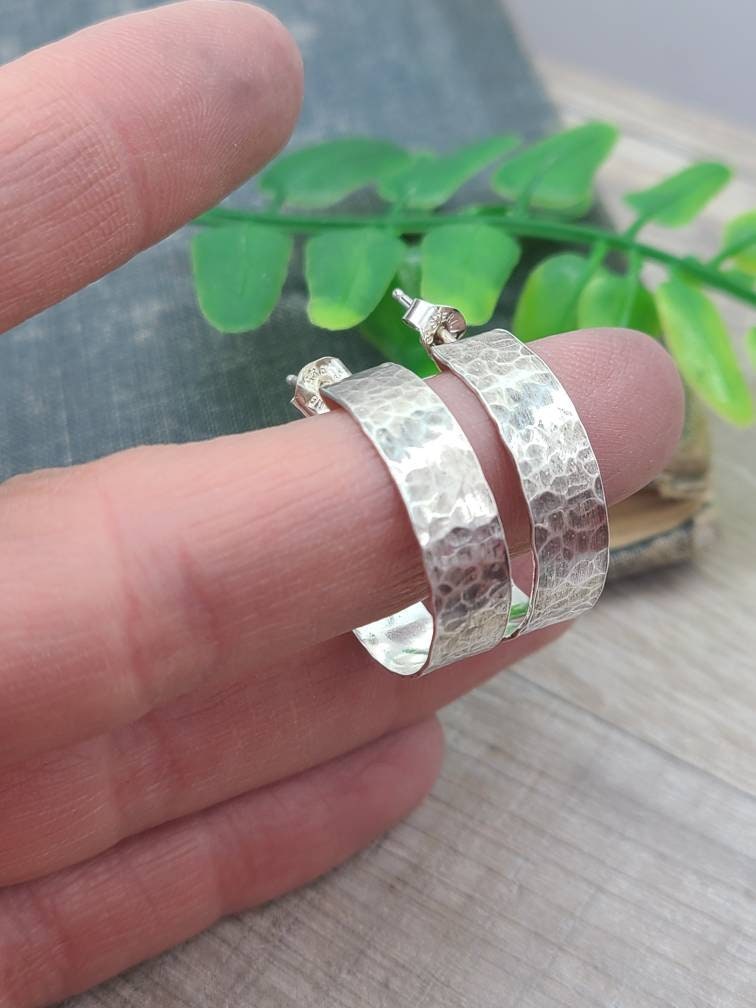 1" Sterling Wide Rustic Hammered Hoop Earrings / Large Hoops