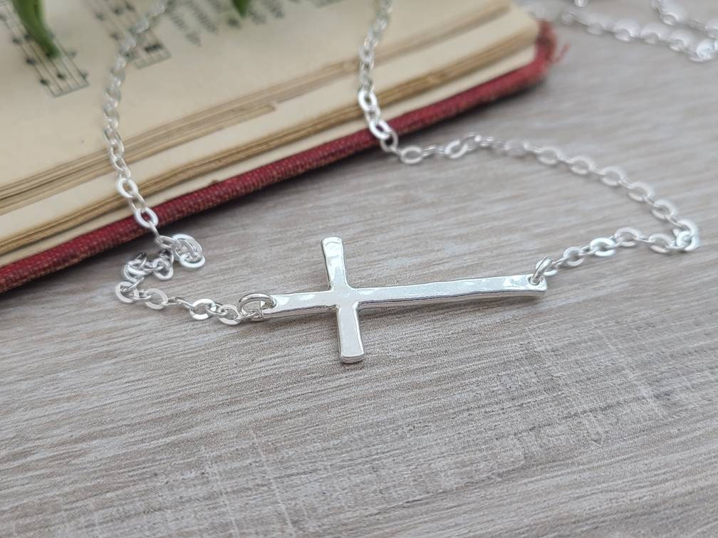 Sterling Silver Sideways Cross Necklace / Faith / Inspirational Jewelry