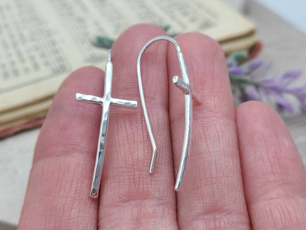 Sterling Silver Hammered Cross Earrings / Threader / Arc Crystal Lea