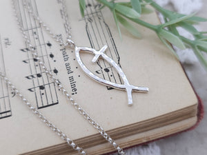 Sterling Silver Ichthus Cross Necklace / Faith Necklace