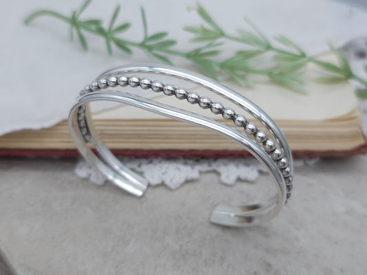 Sterling Silver Triple Band Beaded Cuff