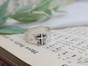 Sterling "Old Rugged" Cross Ring / Faith / Rustic / Wide Band