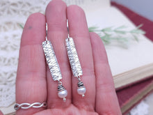 Load image into Gallery viewer, Sterling Silver Hammered Bar &amp; Pearl Earrings
