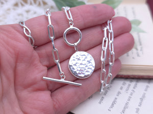 Sterling Silver Hammered Medallion Coin Front Clasp Necklace
