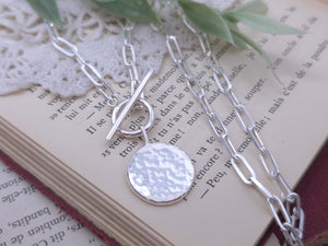 Sterling Silver Hammered Medallion Coin Front Clasp Necklace