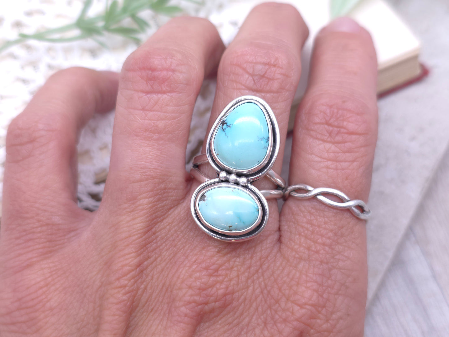 Sterling Silver & Lone Mountain Turquoise Double Stone Ring SIZE 7 1/2