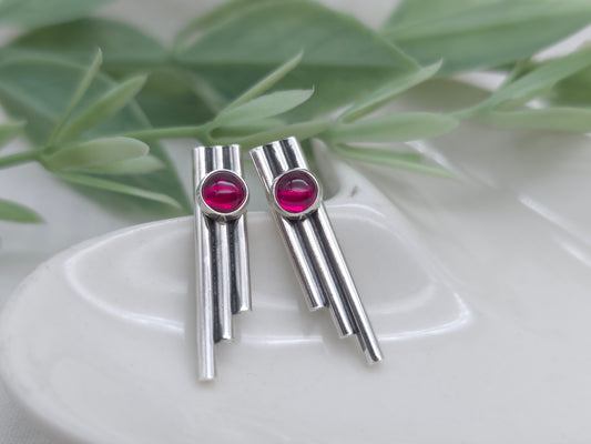 Sterling Silver Triple Bar Ruby Stud Earrings
