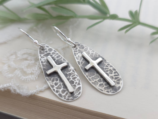 Sterling Silver Rustic Hammered Cross Earrings