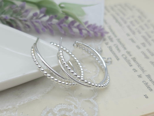 Sterling Silver Beaded Crossover Hoops
