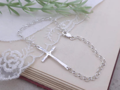Sterling Hammered Sideways Cross Bracelet
