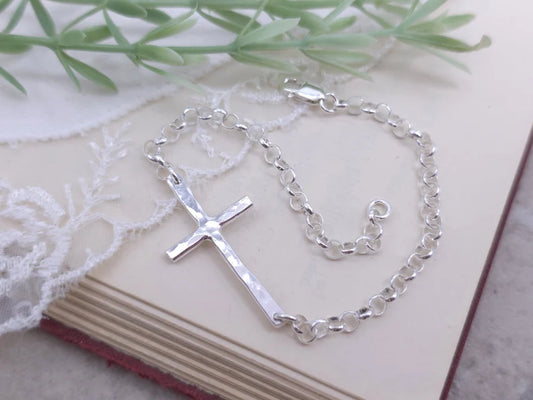 Sterling Hammered Sideways Cross Bracelet