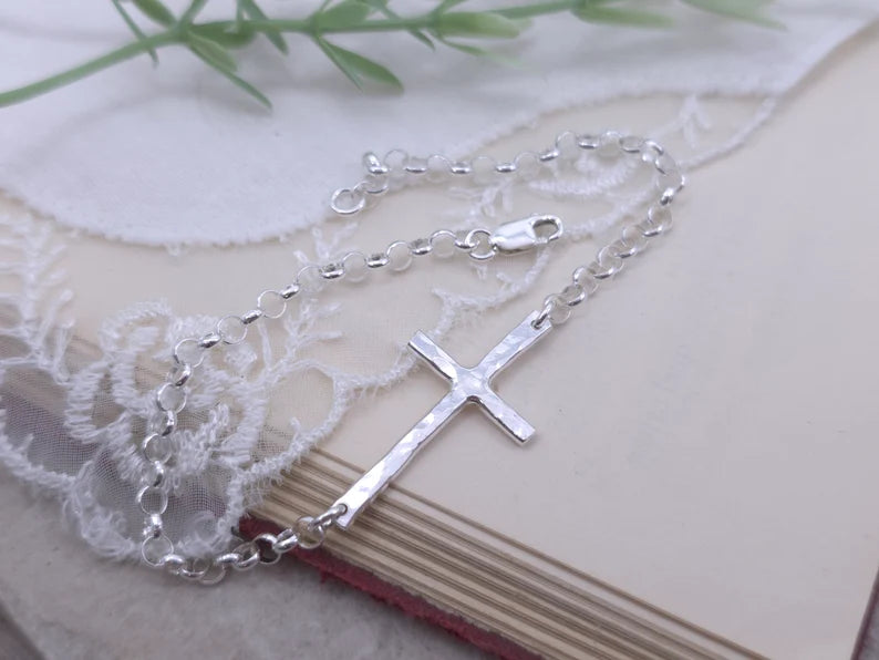 Sterling Hammered Sideways Cross Bracelet