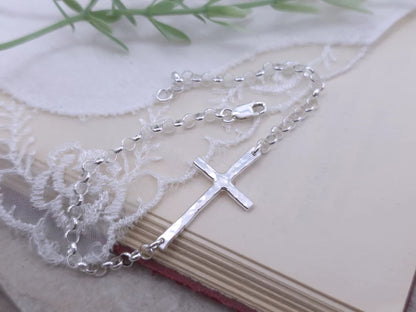 Sterling Hammered Sideways Cross Bracelet