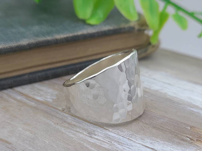 Sterling Silver Hammered Saddle Ring / Shield Ring / Tapered Band