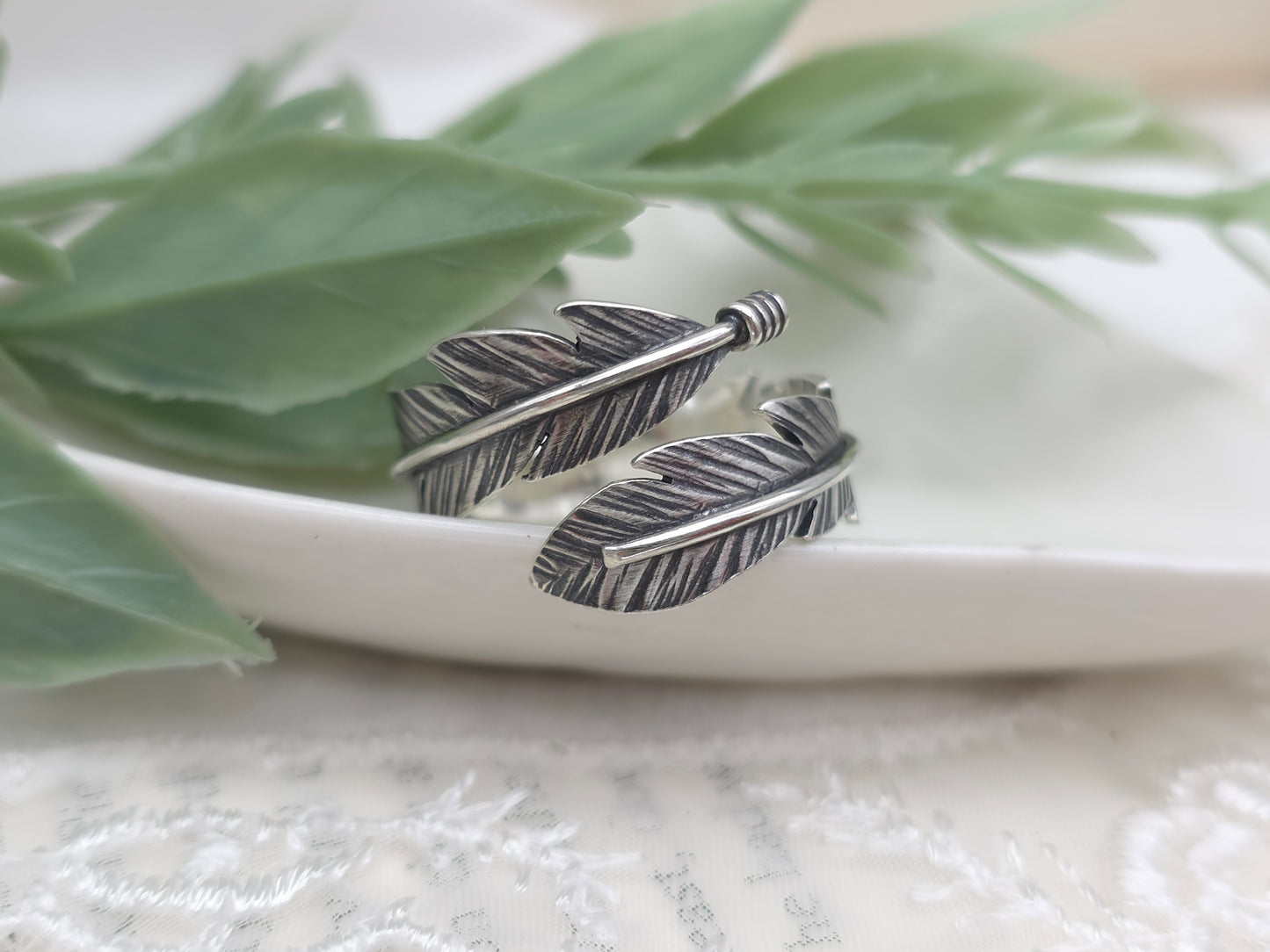 Sterling Feather Ring / Adjustable  / Bypass Ring /